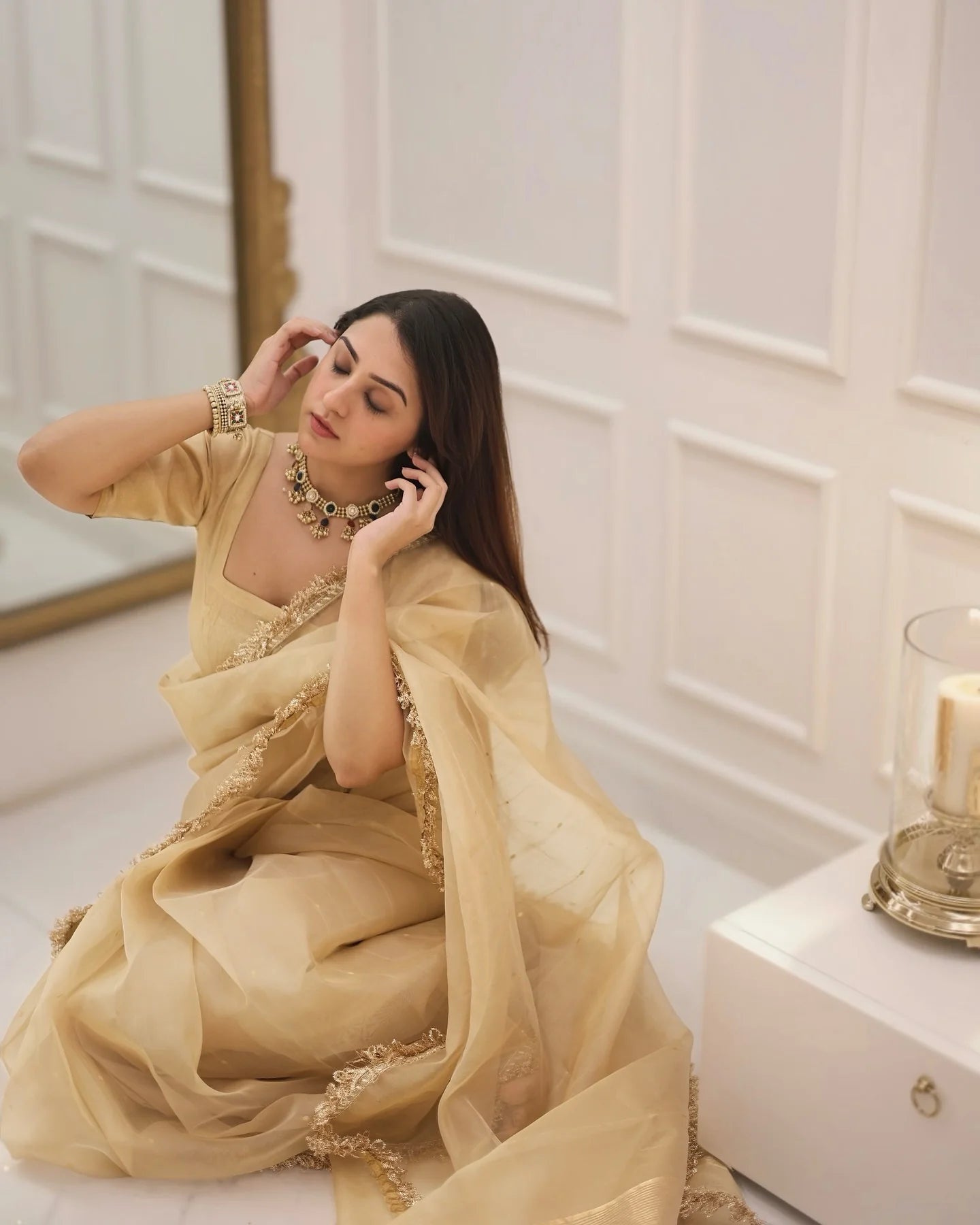 Beige Gold Fendy Silk Saree with Broad Embroidered Border