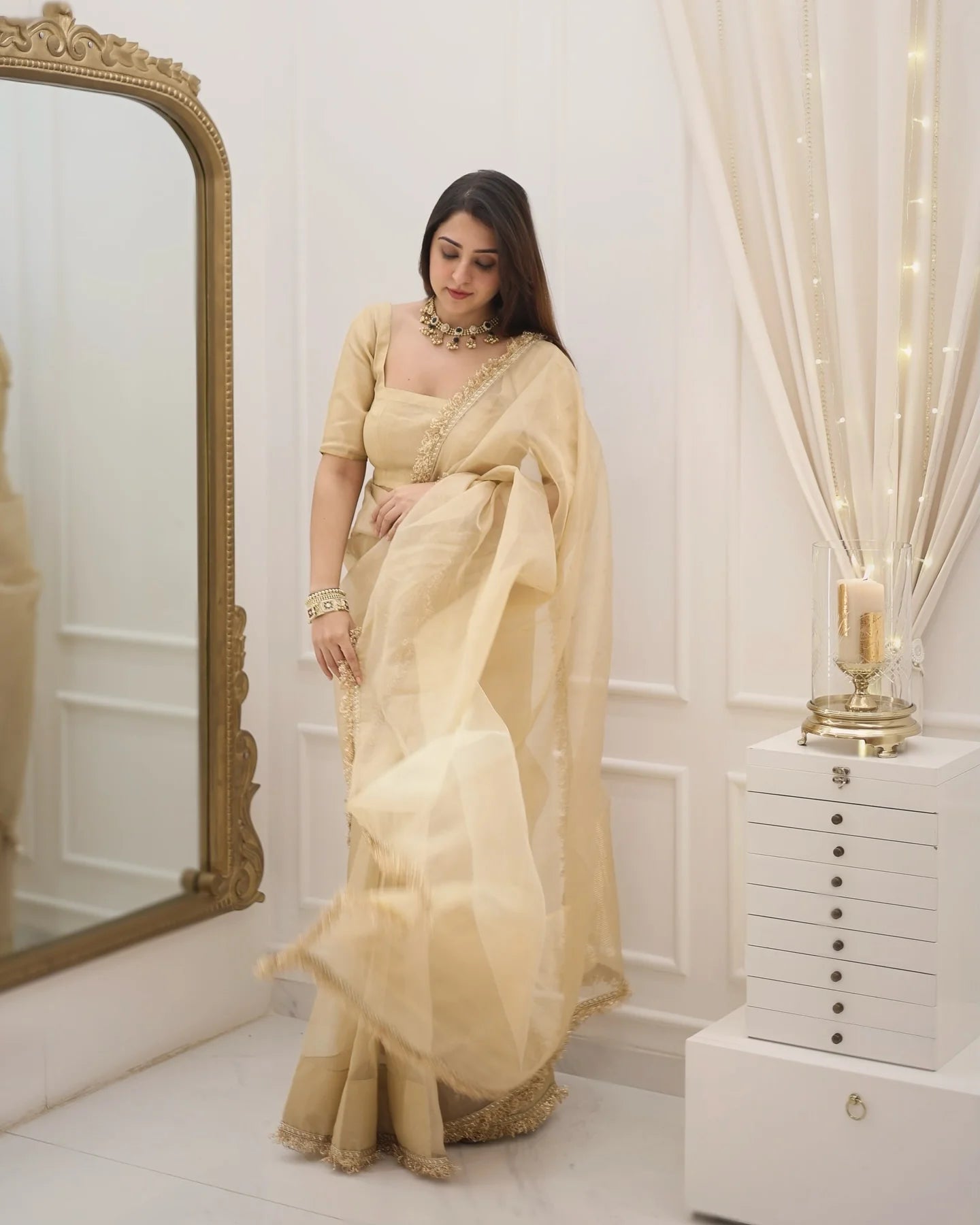 Beige Gold Fendy Silk Saree with Broad Embroidered Border