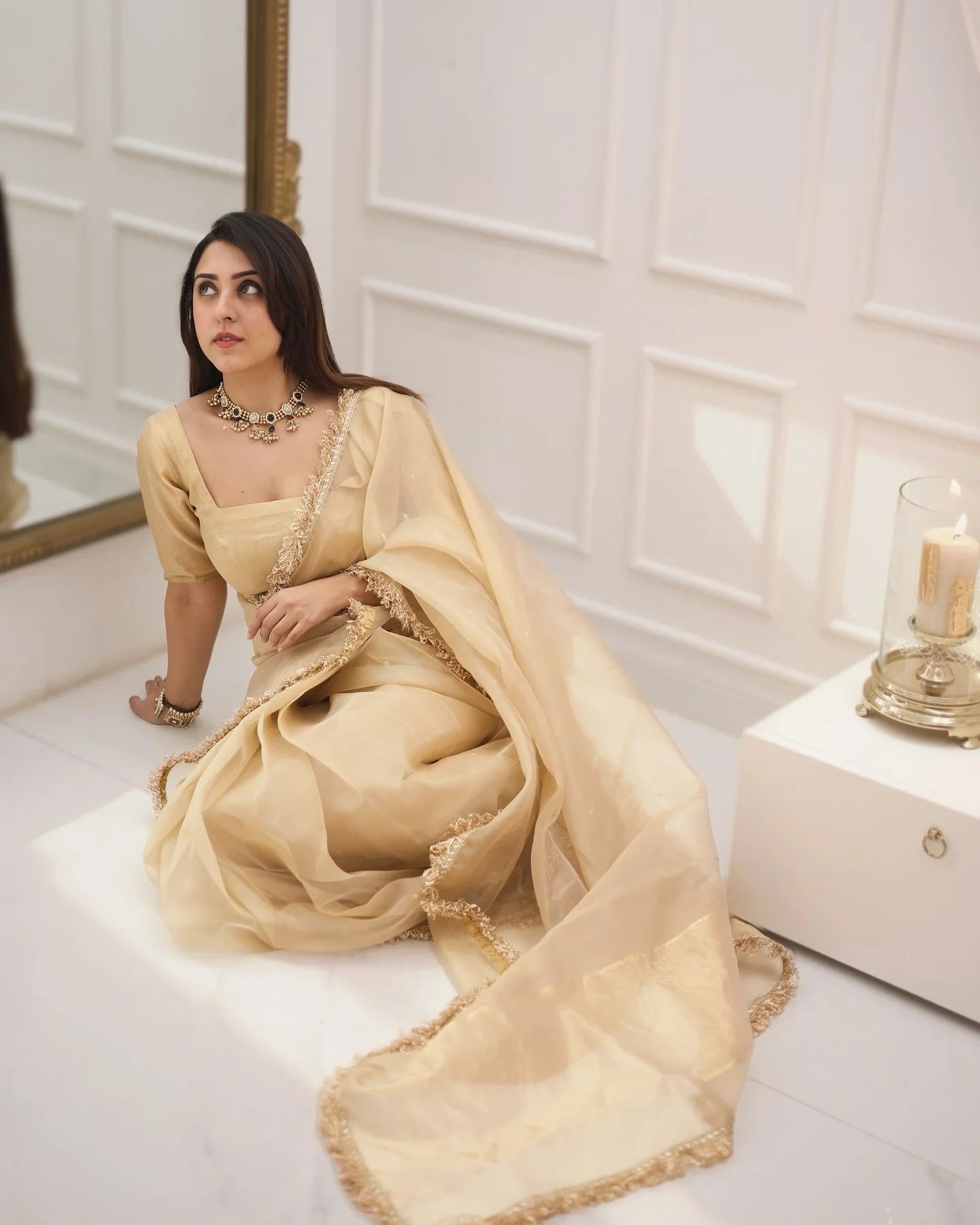 Beige Gold Fendy Silk Saree with Broad Embroidered Border