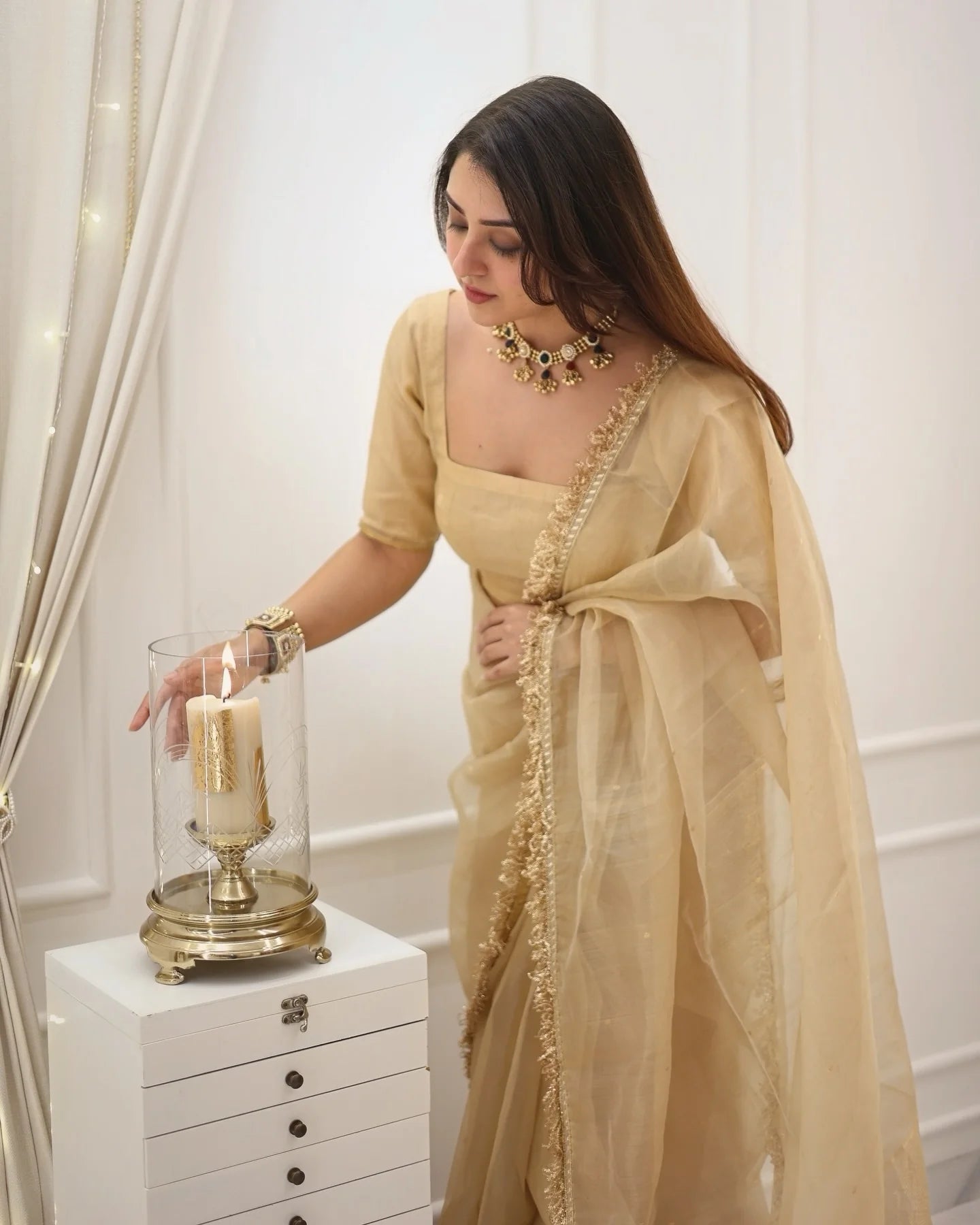 Beige Gold Fendy Silk Saree with Broad Embroidered Border