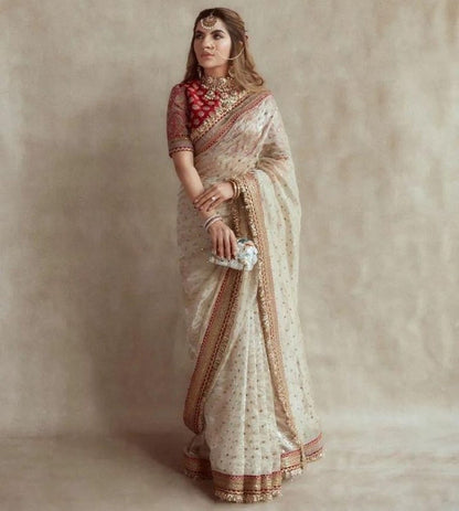 Elegant Off-White Organza Saree with Fine Thread & Sequin Embroidery