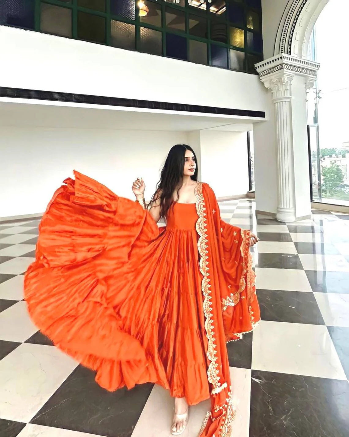 Beautiful Orange Ruffle Flared Anarkali Gown with Dupatta
