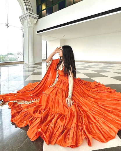 Beautiful Orange Ruffle Flared Anarkali Gown with Dupatta
