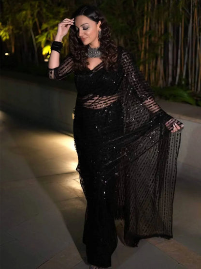 Classic Black Sequin Saree with Designer Unstitched Blouse