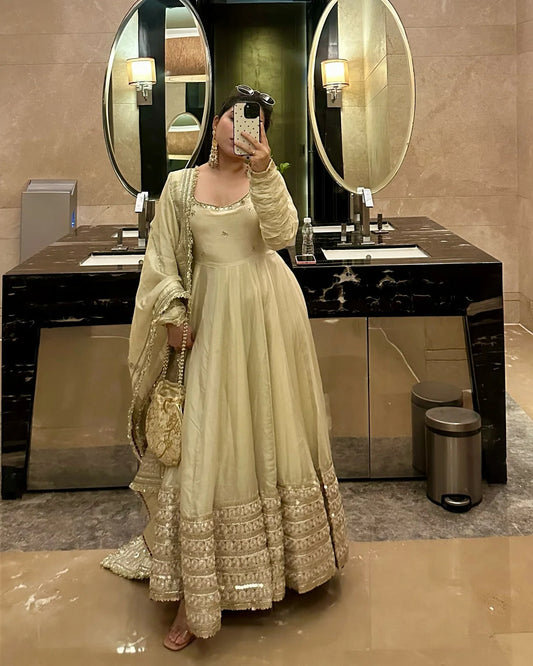 Festive Beige Embroidered Anarkali Suit Set for Wedding & Diwali Celebrations