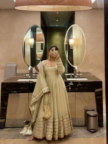 Festive Beige Embroidered Anarkali Suit Set for Wedding & Diwali Celebrations