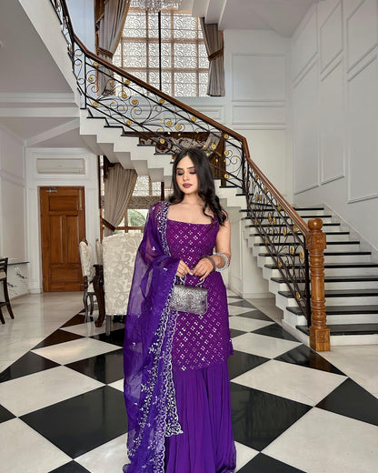 Festive Royal Purple Embroidered Sharara Suit with Kurti & Dupatta