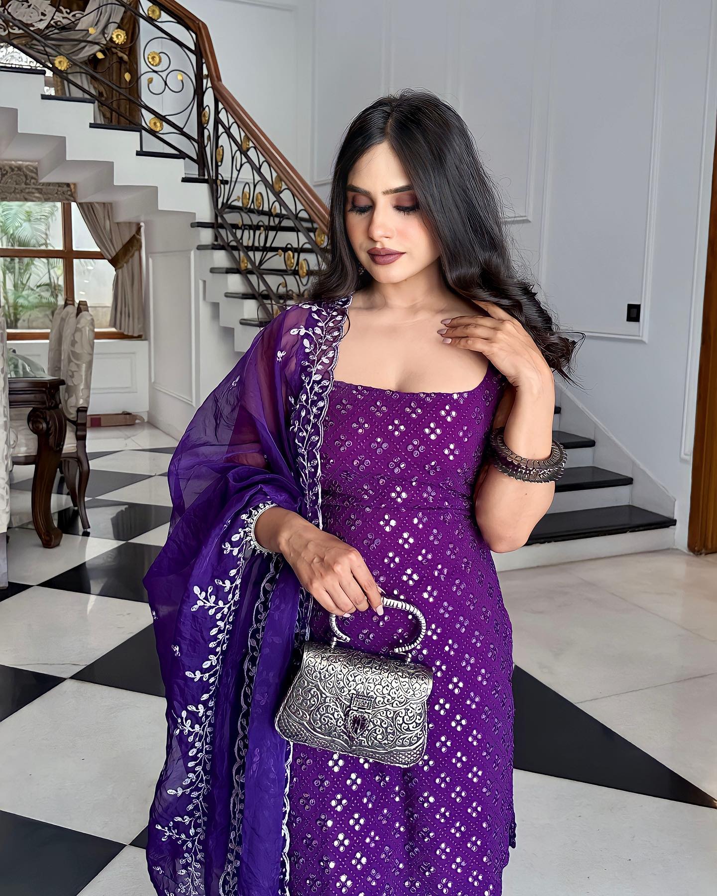 Festive Royal Purple Embroidered Sharara Suit with Kurti & Dupatta