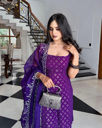 Festive Royal Purple Embroidered Sharara Suit with Kurti & Dupatta