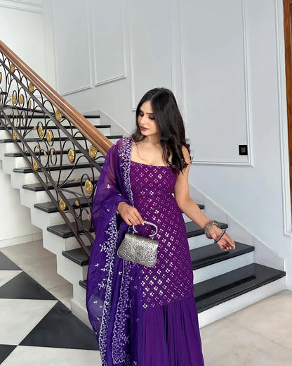 Festive Royal Purple Embroidered Sharara Suit with Kurti & Dupatta