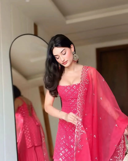 Designer Rani Pink Embroidered Kurta Sharara Suit with Dupatta