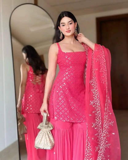 Designer Rani Pink Embroidered Kurta Sharara Suit with Dupatta