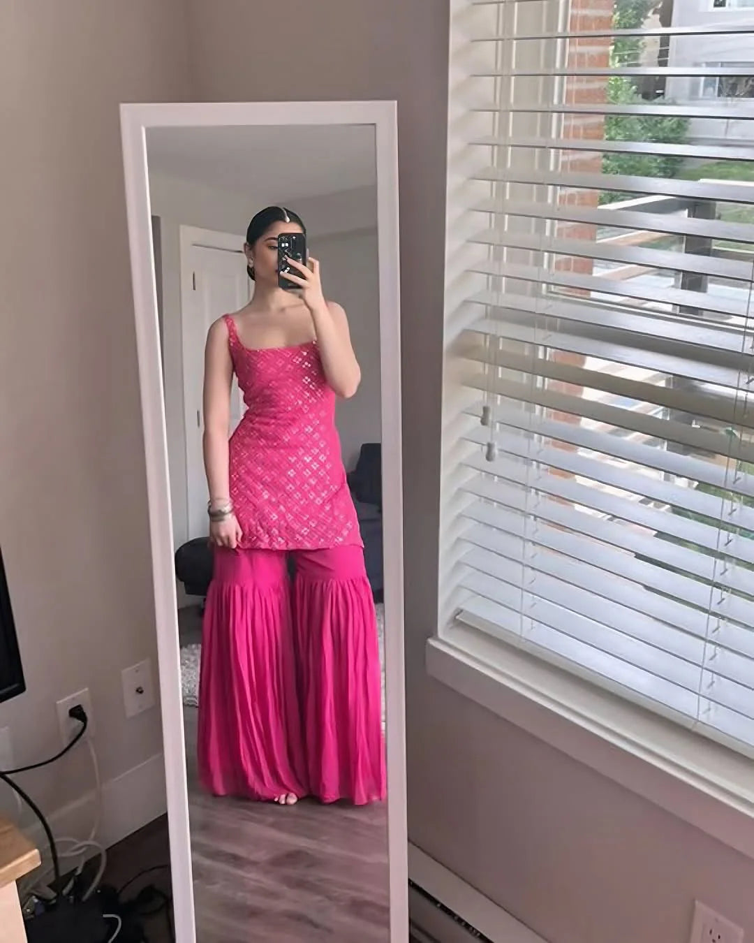 Designer Rani Pink Embroidered Kurta Sharara Suit with Dupatta