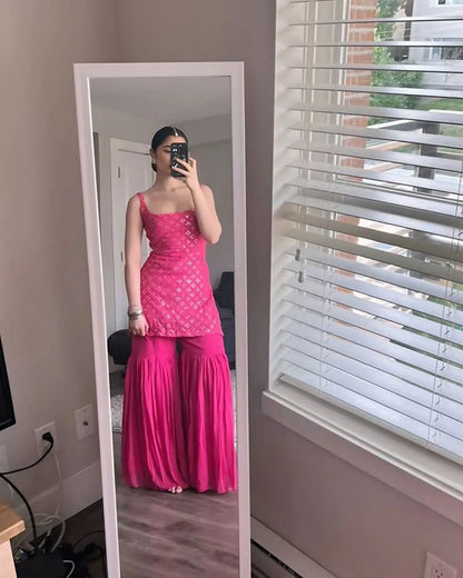 Designer Rani Pink Embroidered Kurta Sharara Suit with Dupatta