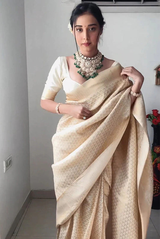 Beige Ready-to-Wear Kanjivaram Silk Saree with 1-Minute Drape Design