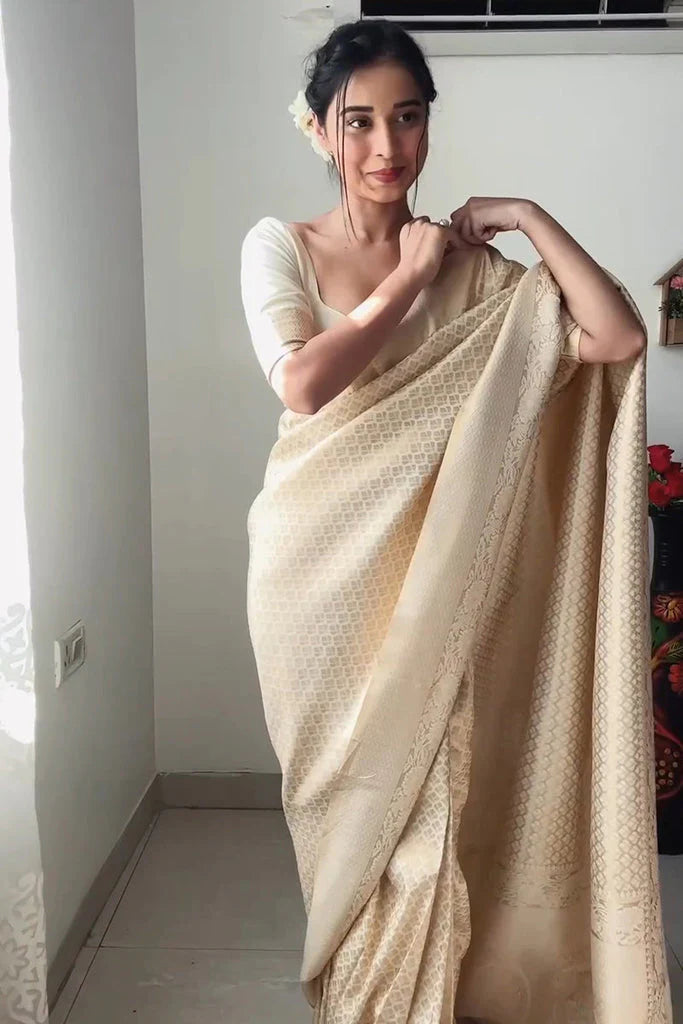 Beige Ready-to-Wear Kanjivaram Silk Saree with 1-Minute Drape Design
