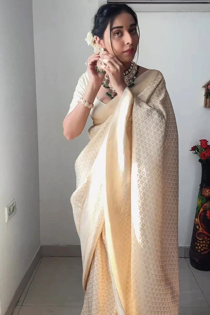 Beige Ready-to-Wear Kanjivaram Silk Saree with 1-Minute Drape Design