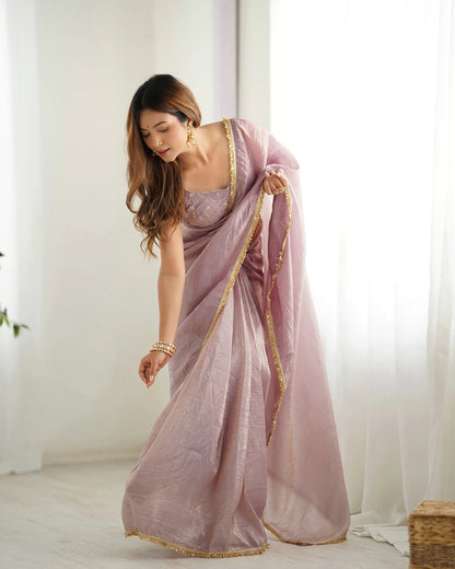Light Dusty Mauve Ready-to-Wear Tissue Silk Saree with Subtle Shimmer Finish