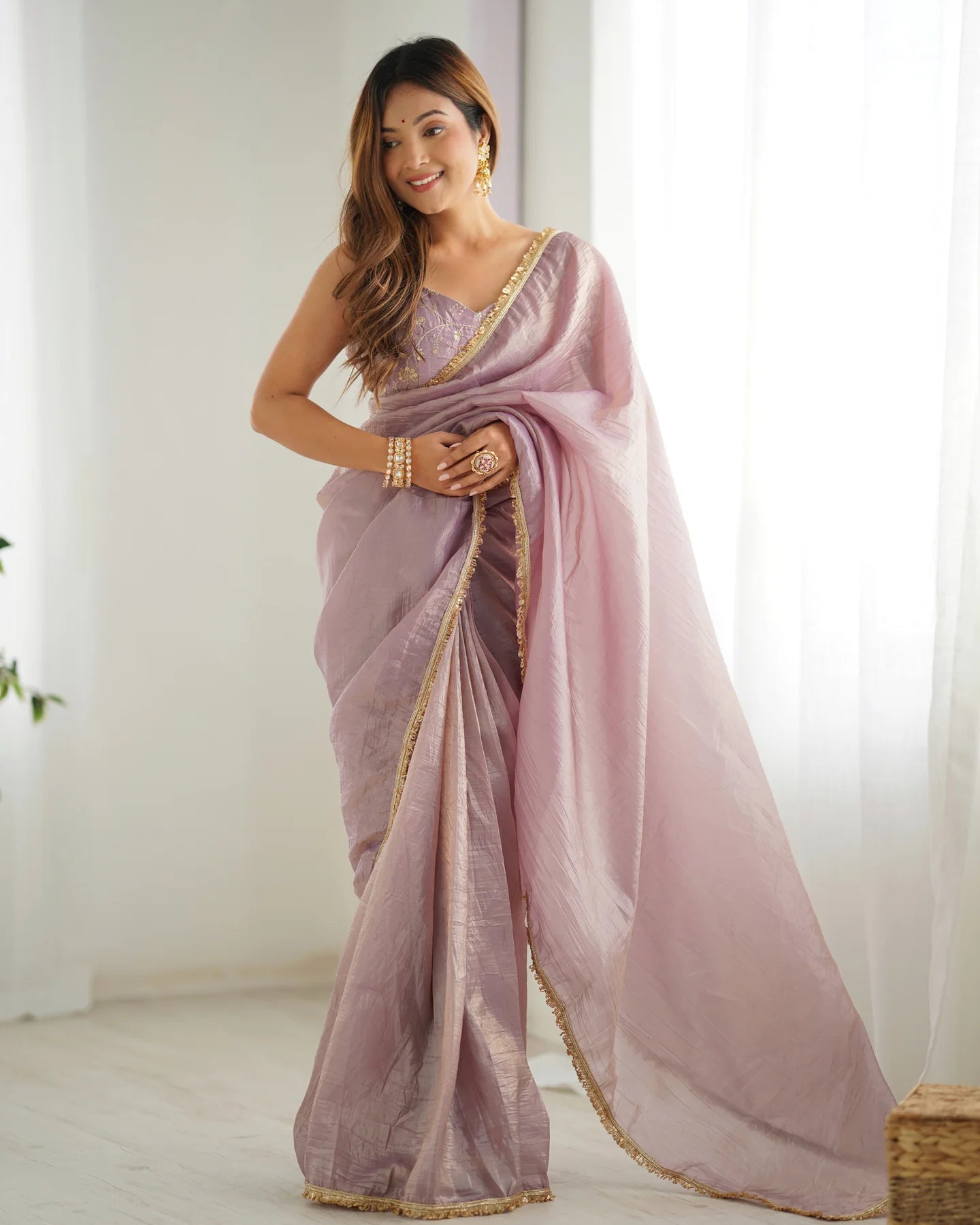 Light Dusty Mauve Ready-to-Wear Tissue Silk Saree with Subtle Shimmer Finish