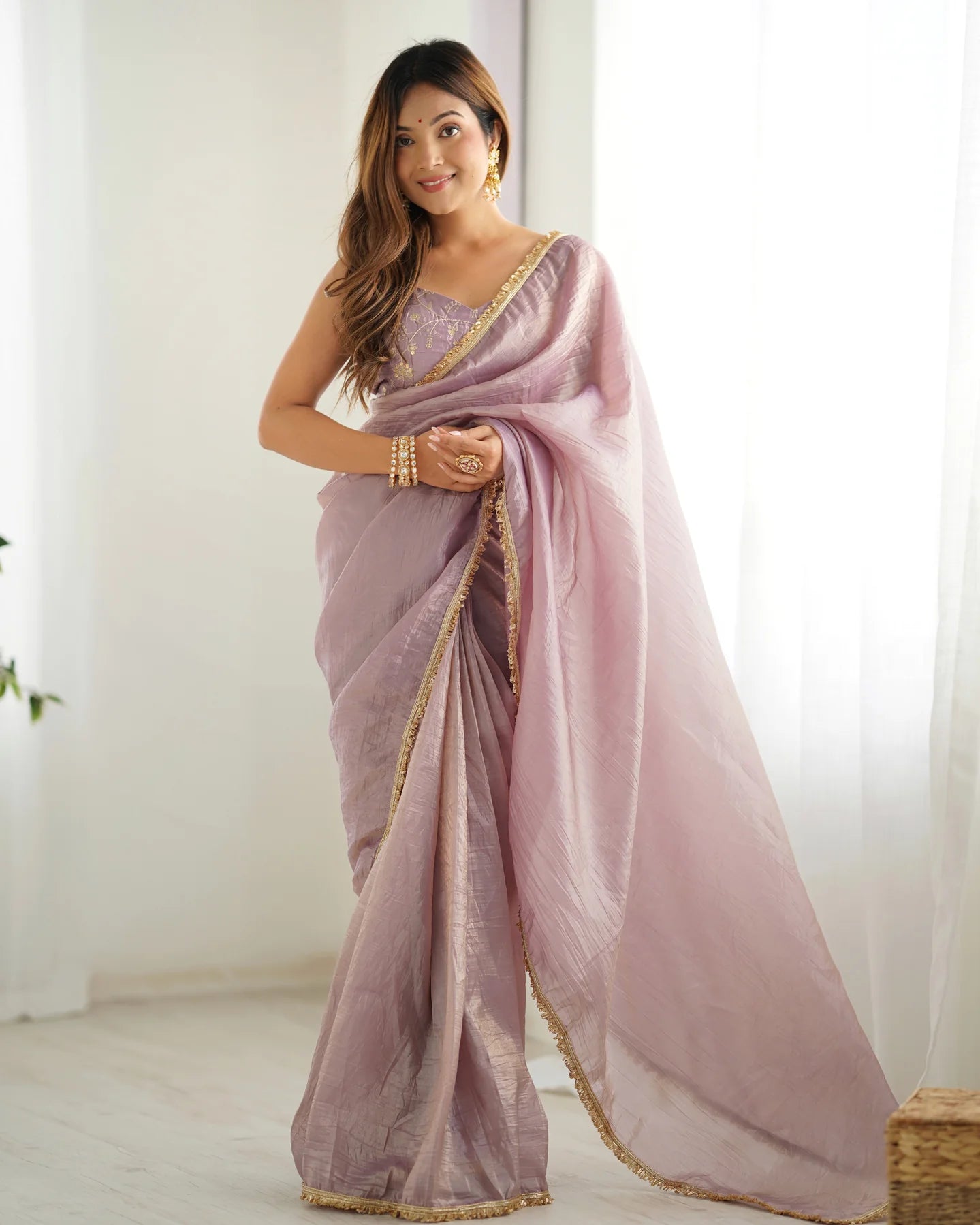 Light Dusty Mauve Ready-to-Wear Tissue Silk Saree with Subtle Shimmer Finish