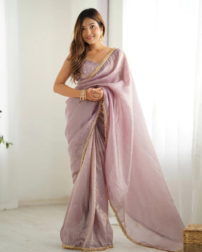 Light Dusty Mauve Ready-to-Wear Tissue Silk Saree with Subtle Shimmer Finish