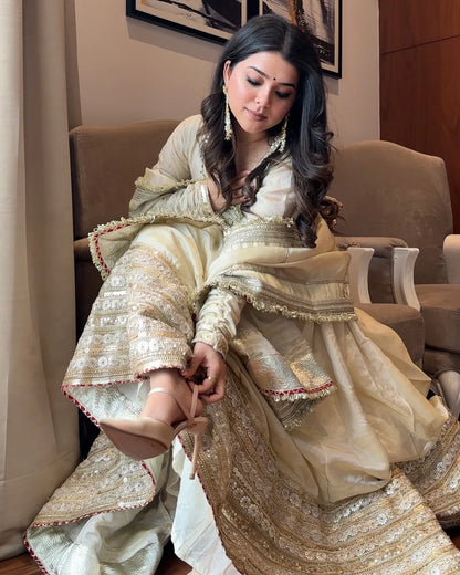 Off White Elegant Anarkali Suit Set with Subtle Embroidery Detailing