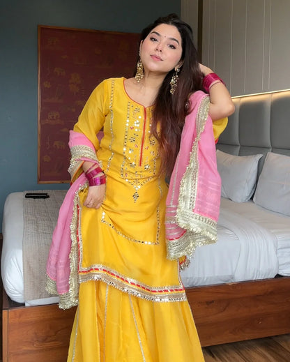 Khwahish Neon Yellow Embroidered Designer Sharara Suit with Dupatta