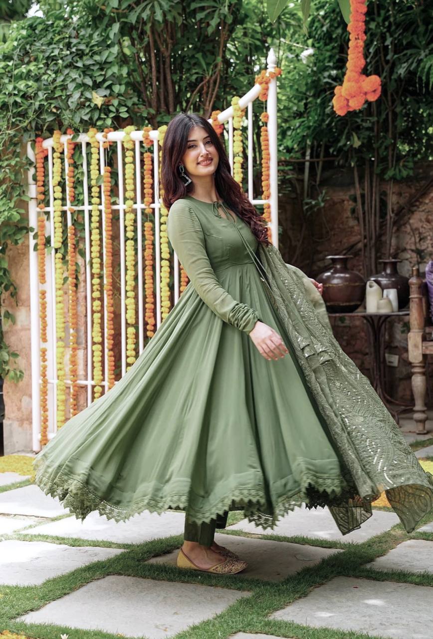 Mehndi Green Embroidered Ceremony Gown with Matching Work Dupatta