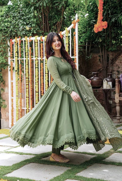 Mehndi Green Embroidered Ceremony Gown with Matching Work Dupatta