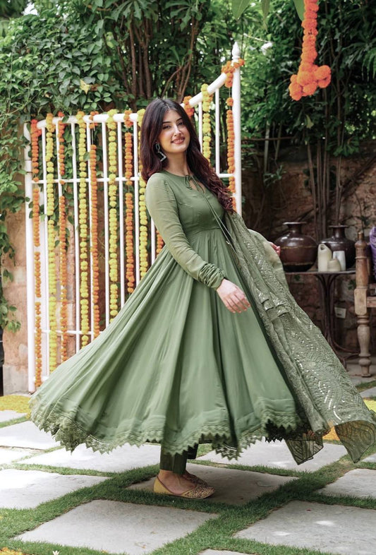 Mehndi Green Embroidered Ceremony Gown with Matching Work Dupatta