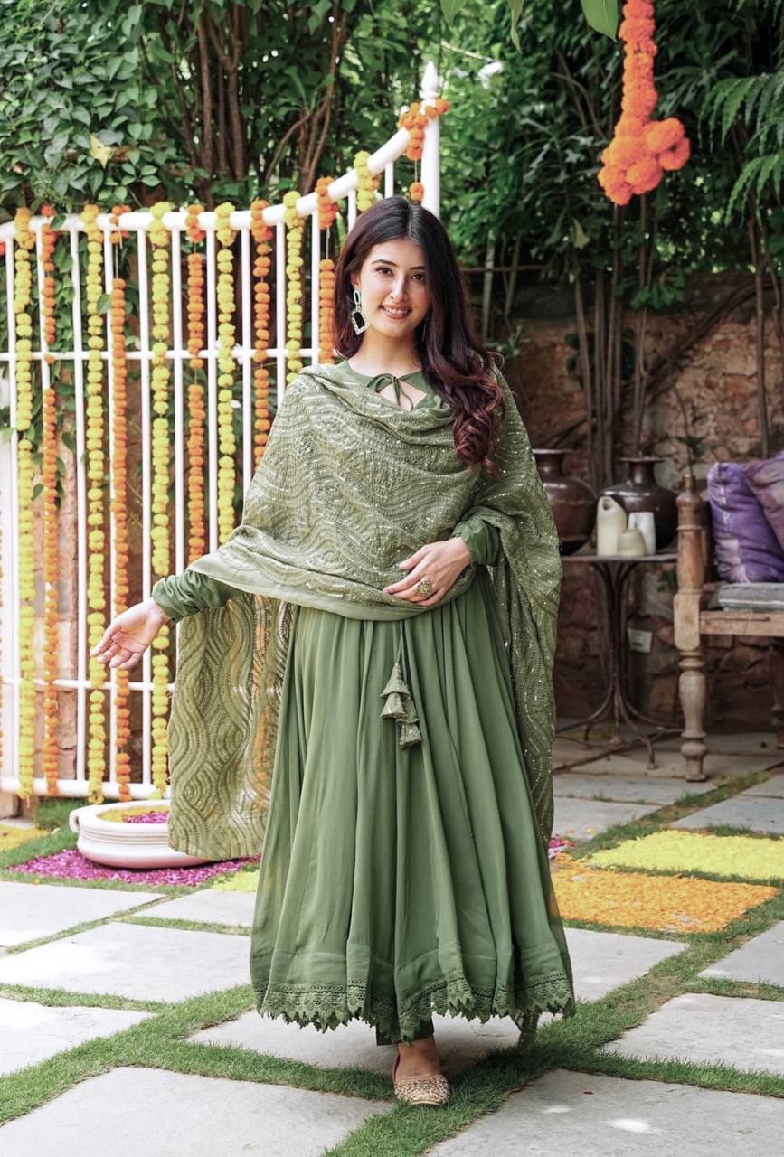 Mehndi Green Embroidered Ceremony Gown with Matching Work Dupatta