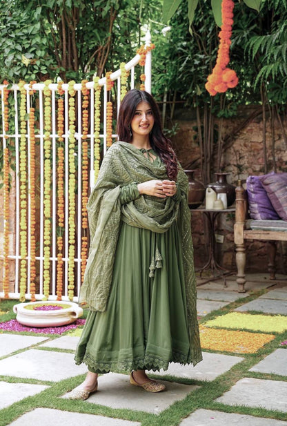 Mehndi Green Embroidered Ceremony Gown with Matching Work Dupatta