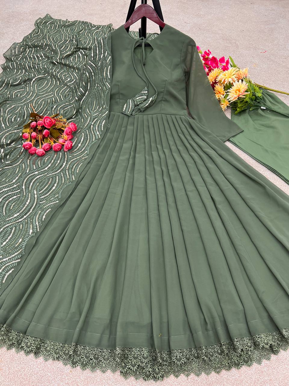 Mehndi Green Embroidered Ceremony Gown with Matching Work Dupatta