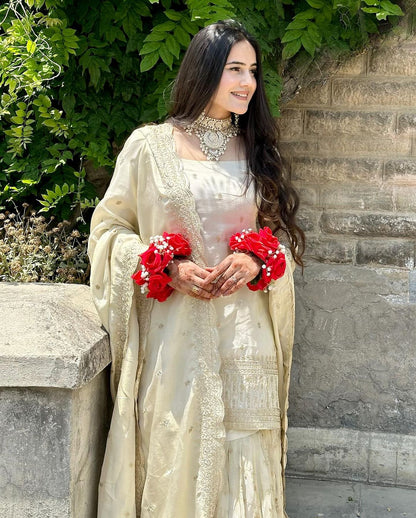 Delightful White Georgette Embroidered Sharara Suit with Dupatta