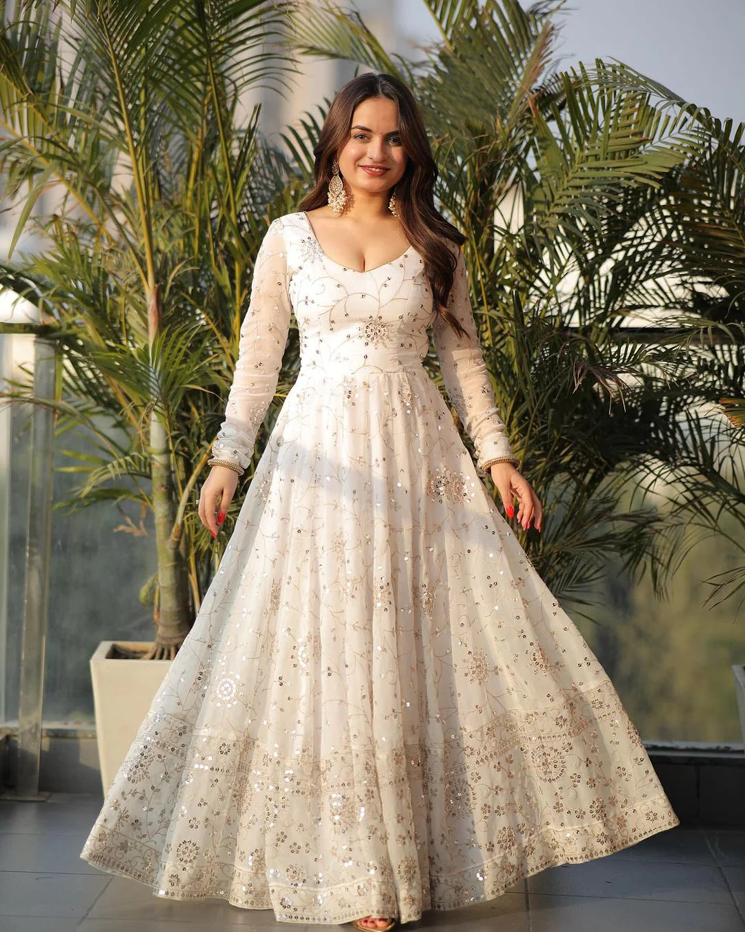Regal White Georgette Anarkali Gown with Full Heavy Embroidery Work