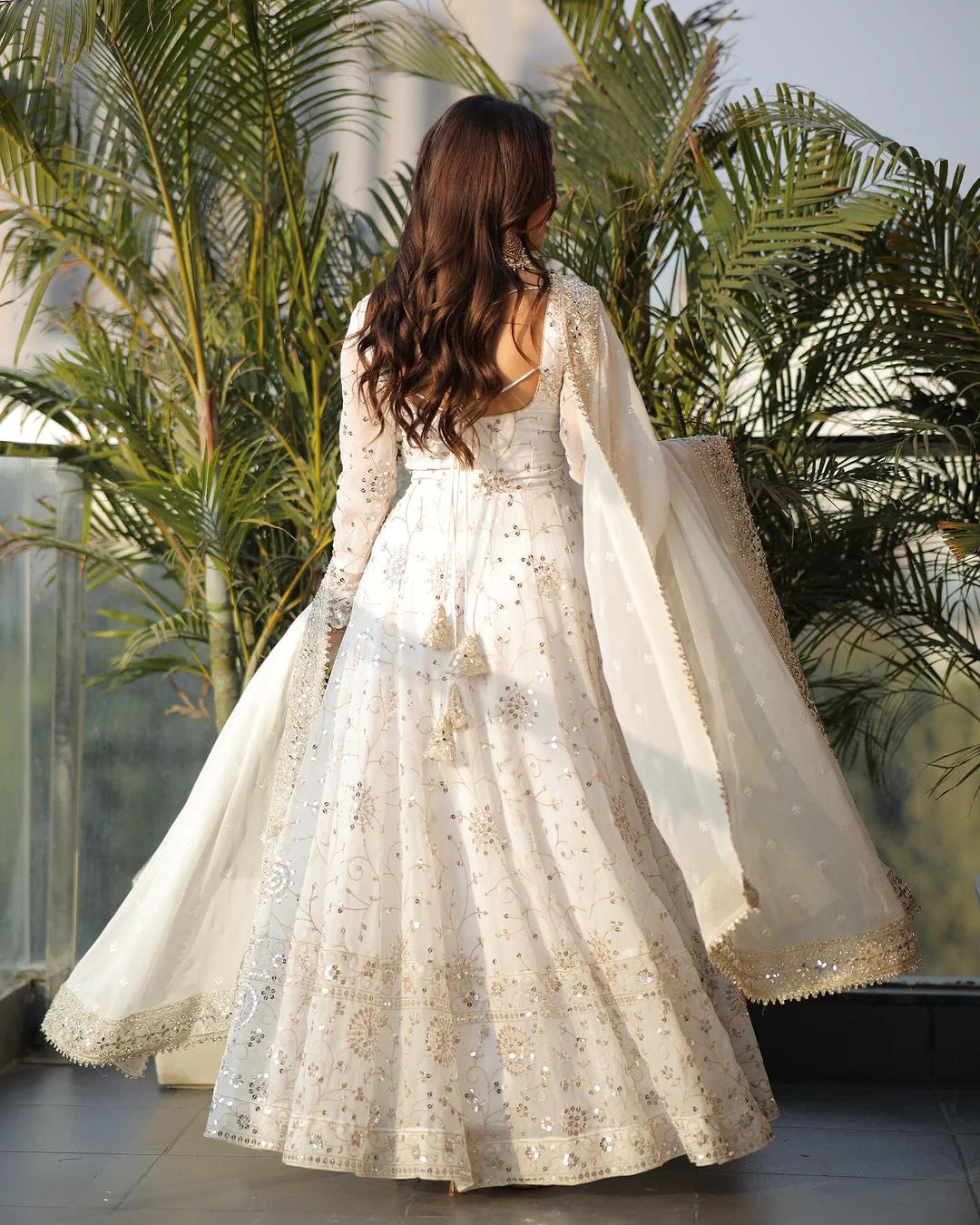 Regal White Georgette Anarkali Gown with Full Heavy Embroidery Work