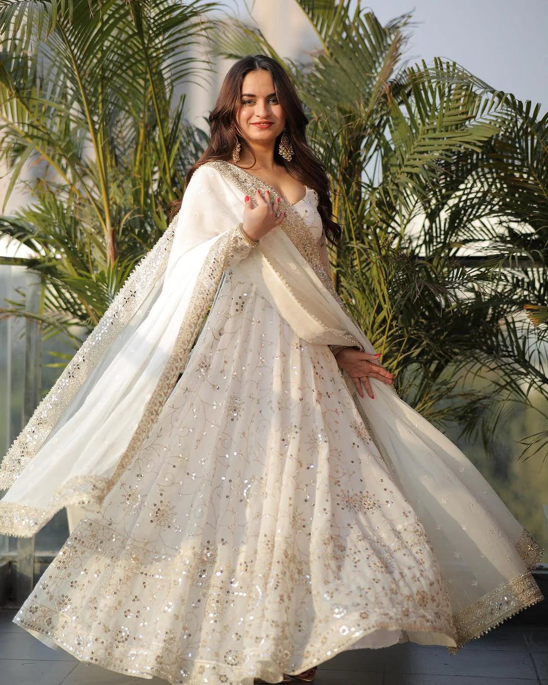 Regal White Georgette Anarkali Gown with Full Heavy Embroidery Work