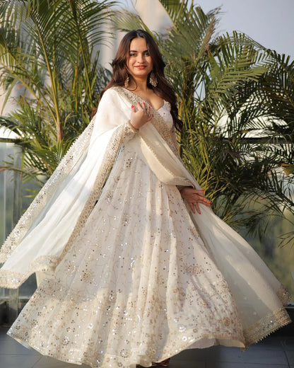 Regal White Georgette Anarkali Gown with Full Heavy Embroidery Work