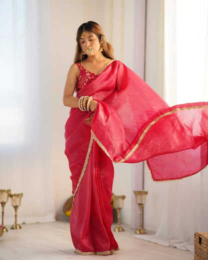 Rani Pink Pre-Draped Tissue Silk Saree with Elegant Shimmer Finish