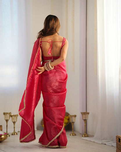 Rani Pink Pre-Draped Tissue Silk Saree with Elegant Shimmer Finish