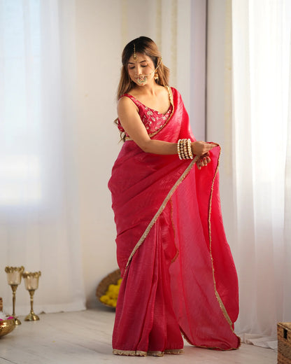 Rani Pink Pre-Draped Tissue Silk Saree with Elegant Shimmer Finish