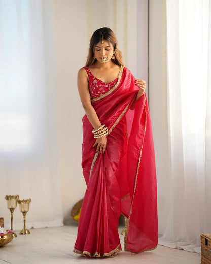 Rani Pink Pre-Draped Tissue Silk Saree with Elegant Shimmer Finish