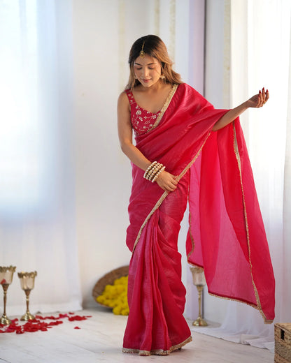 Rani Pink Pre-Draped Tissue Silk Saree with Elegant Shimmer Finish
