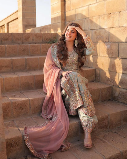 Sky Blue Embroidered Kurti with Sharara Set by Shriyanshi