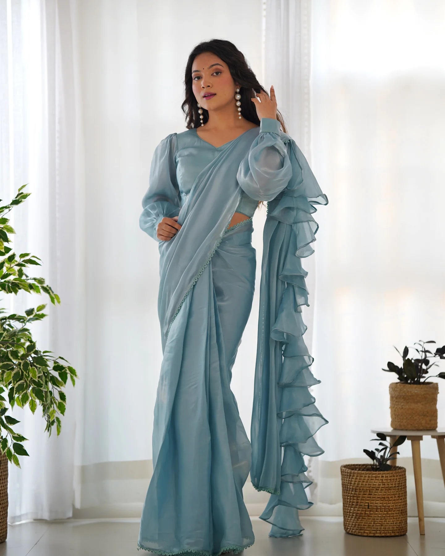 Sky Blue Ready-to-Wear Jimmy Choo Saree with Designer Gloss Finish