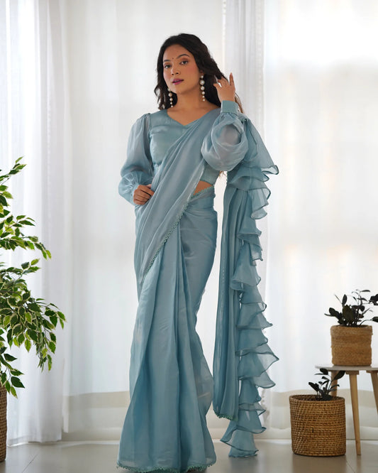 Sky Blue Ready-to-Wear Jimmy Choo Saree with Designer Gloss Finish