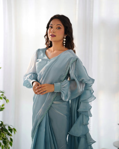 Sky Blue Ready-to-Wear Jimmy Choo Saree with Designer Gloss Finish