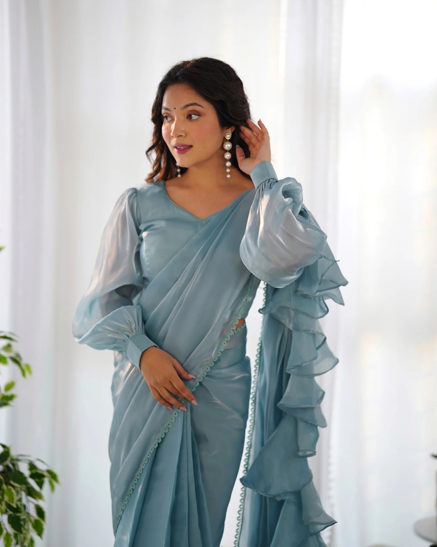 Sky Blue Ready-to-Wear Jimmy Choo Saree with Designer Gloss Finish