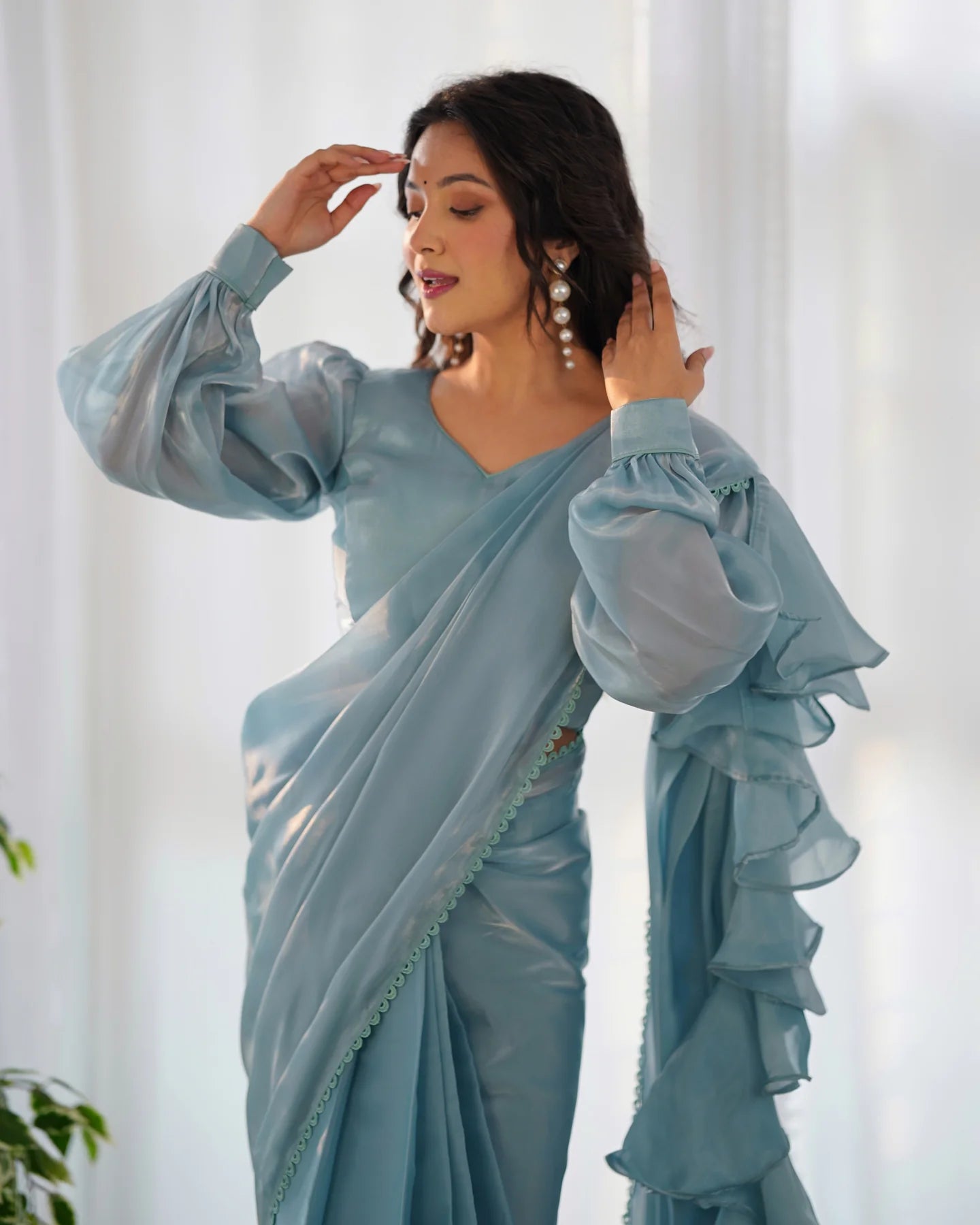Sky Blue Ready-to-Wear Jimmy Choo Saree with Designer Gloss Finish