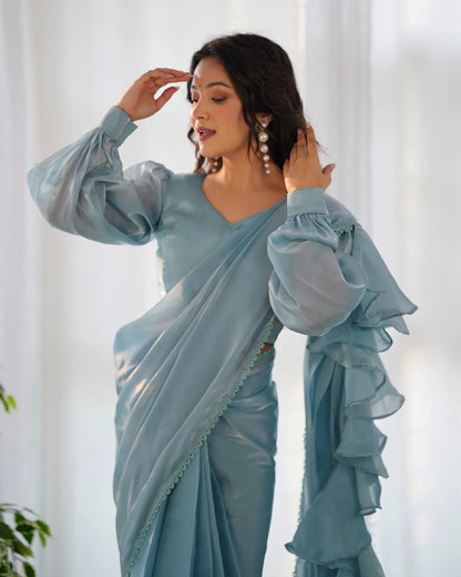 Sky Blue Ready-to-Wear Jimmy Choo Saree with Designer Gloss Finish
